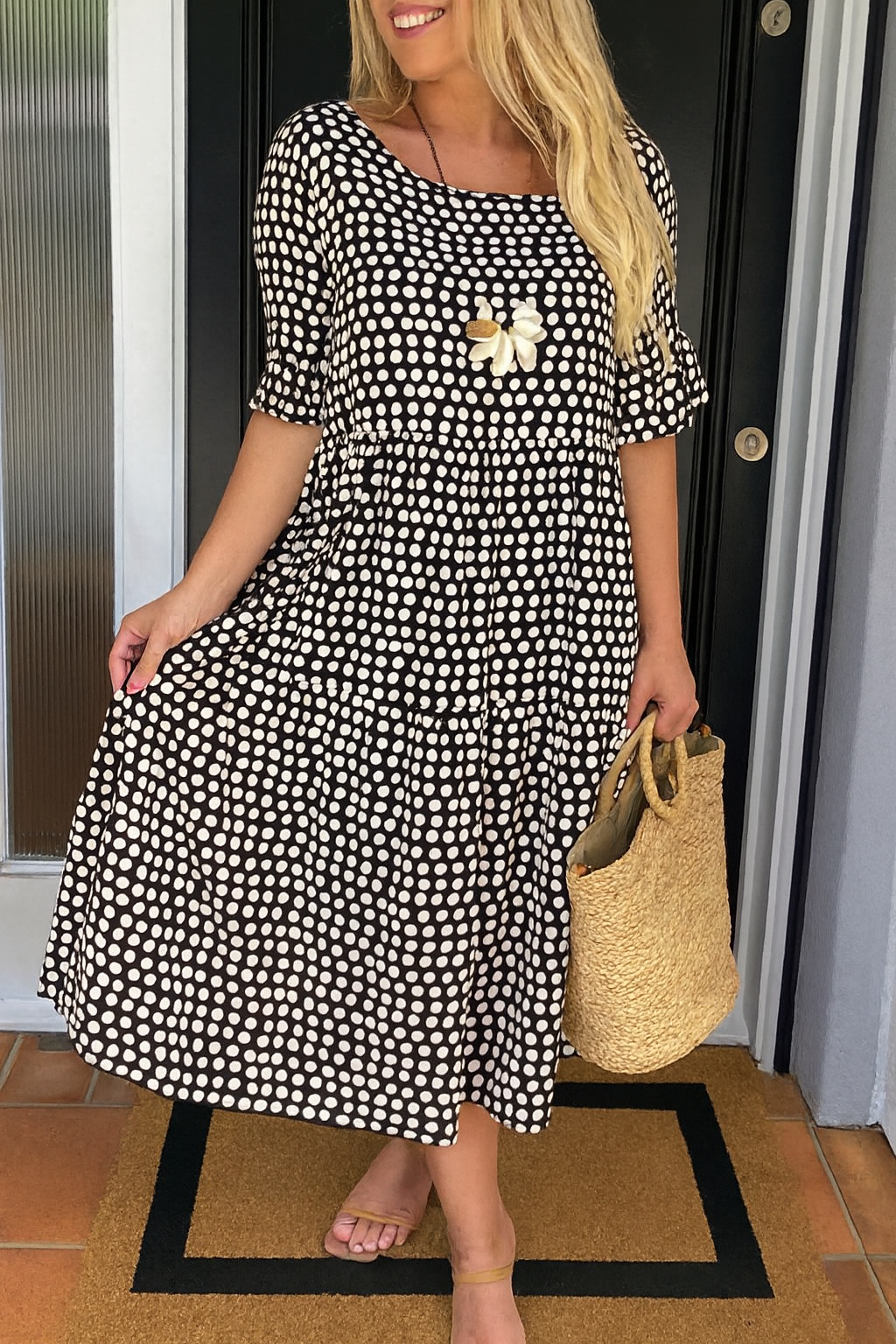 Éloise | Robe Longue à Pois Manches Courtes