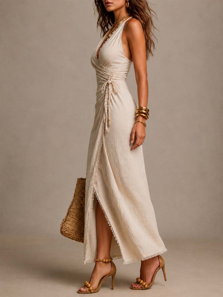 Clarisse | Robe Longue Croisée à Franges Naturelles