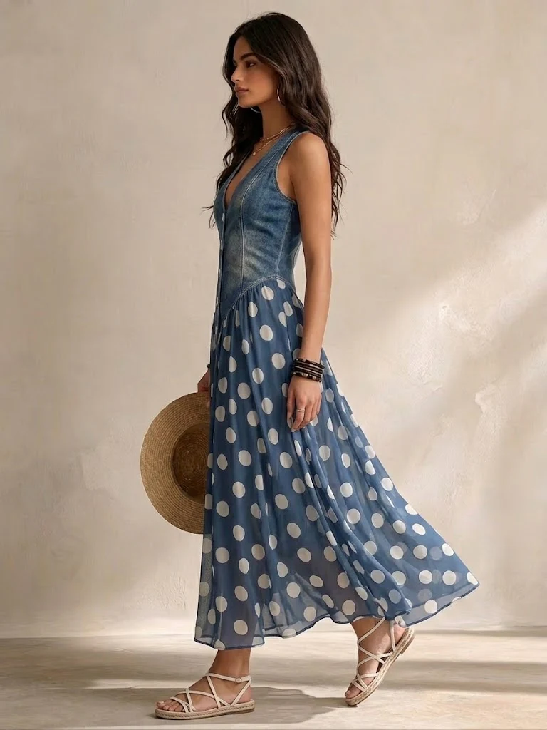 Juliette | Robe Denim Jupon à Pois