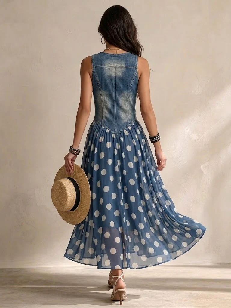Juliette | Robe Denim Jupon à Pois
